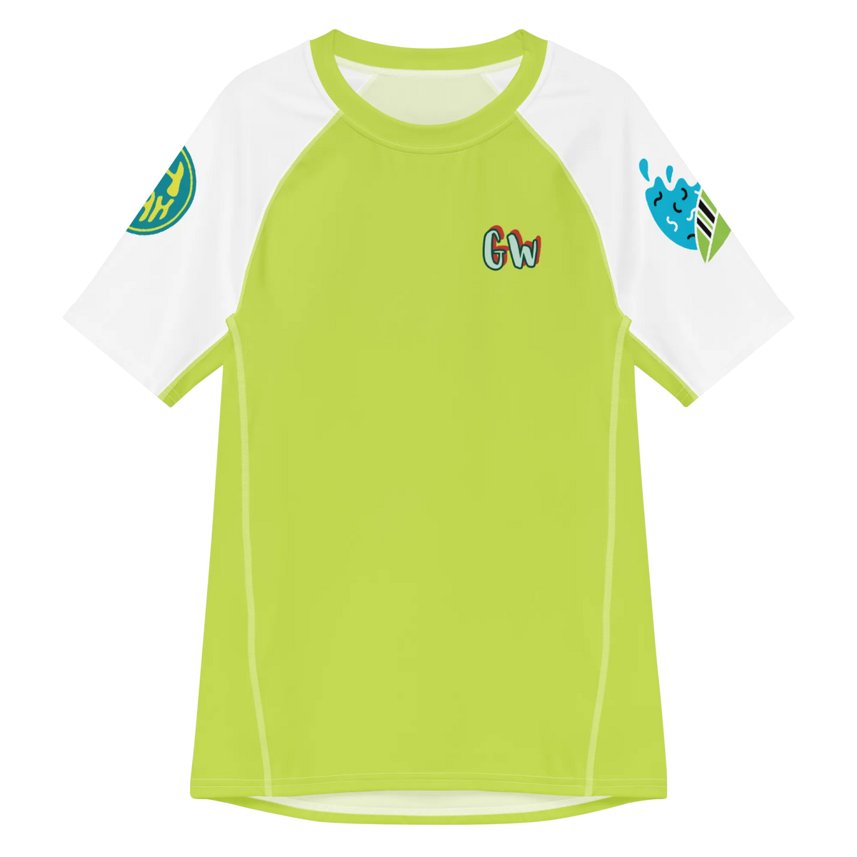 Herren-Rashguard limettengrün mit weißen Ärmeln, Rundhalsausschnitt und seitlichem Wellen-Print