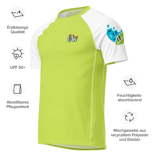 Georg Werner Herren-Rashguard, limettengrün, weiße Raglanärmel, kleiner GW-Logo-Print
