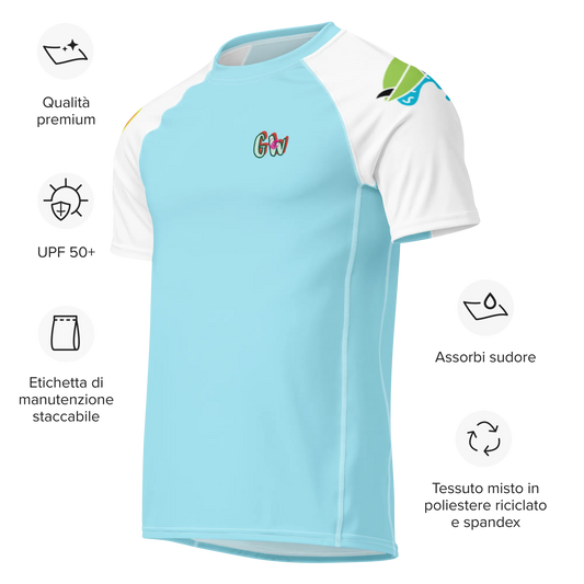 Light blue rash guard mit weißen Ärmeln, seitlichem Print und kleiner GvG-Grafik