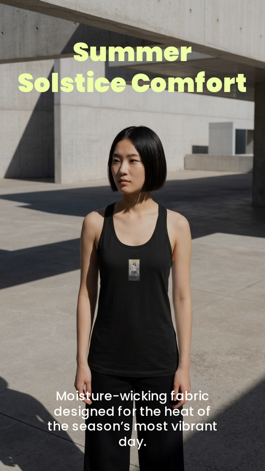 Women’s fitted racerback tank top, black front view with scoop neck and racerback