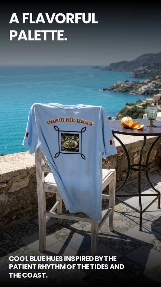Light Blue unisex T-shirt with “spaghetti pesto genovese” graphic on the back