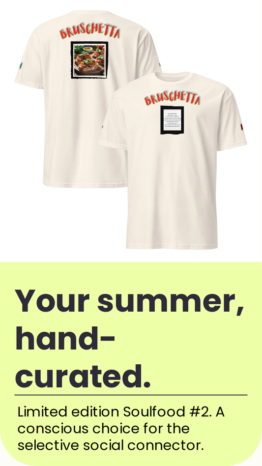 Natural unisex T-shirt in cream tone with back “BRUSCHETTA” and recipe square print