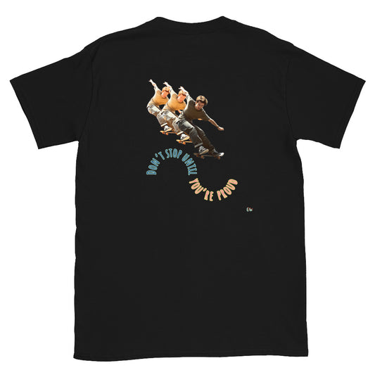 Black short-sleeve T-shirt with skateboard boy graphic on back