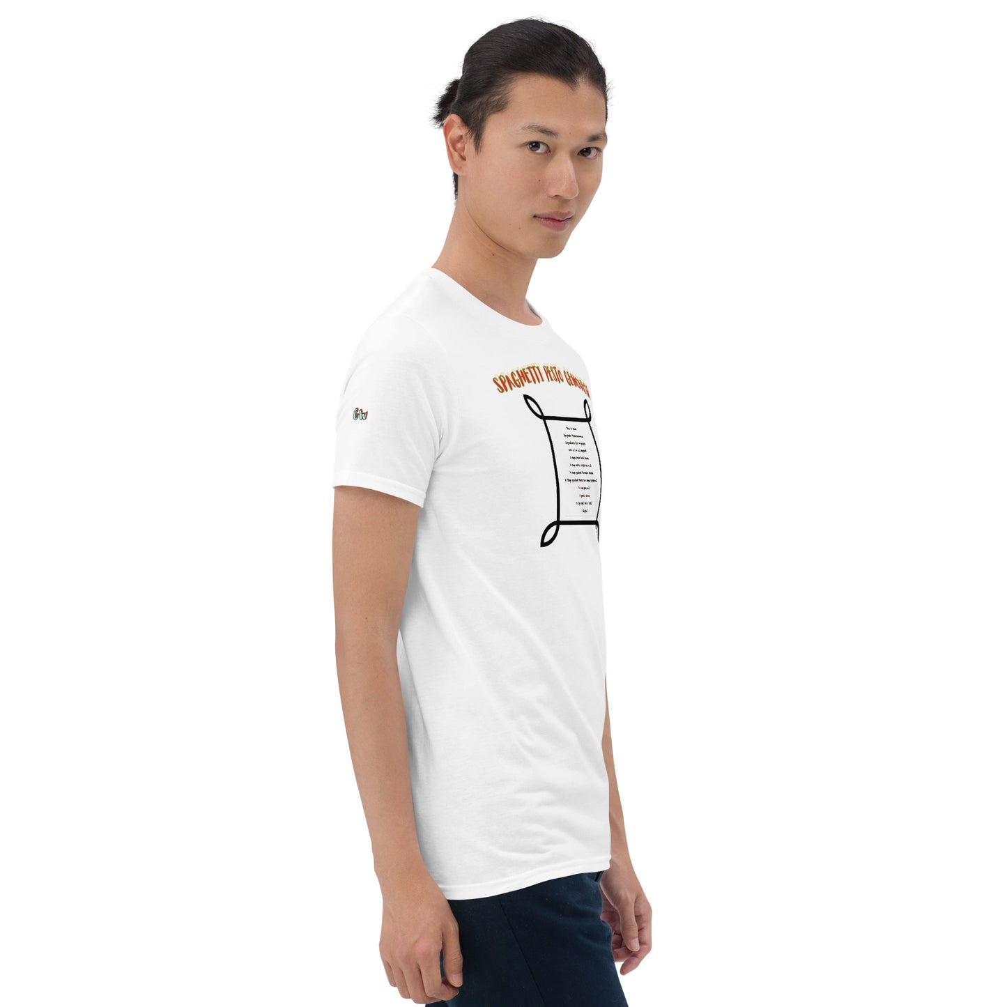 Weißes unisex T-Shirt Dreiviertelansicht mit Frontprint und kleinem Ärmel-Emblem