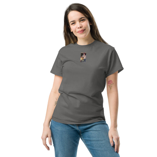 Heritage#5 classic tee in charcoal, front view, crewneck with small square graphic print