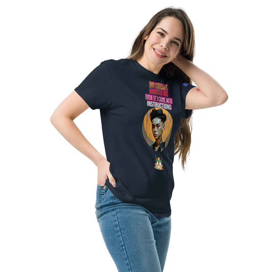 Unisex classic T-shirt, Navy, side view, crew neck with front graphic