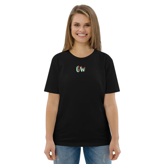 Black unisex organic cotton T-shirt with small multicolor chest logo