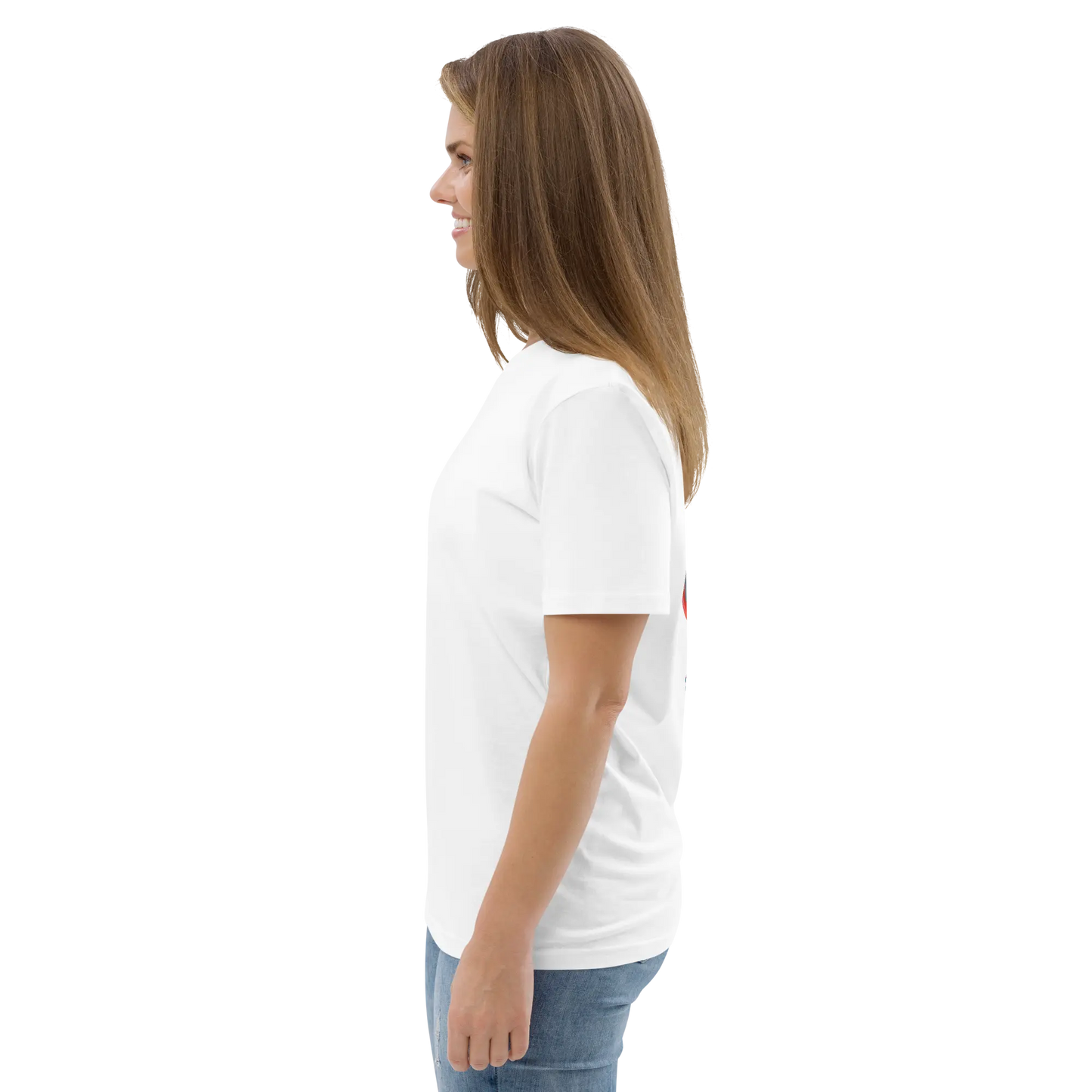 White T-shirt profile view with short sleeves and small multicolor chest logo