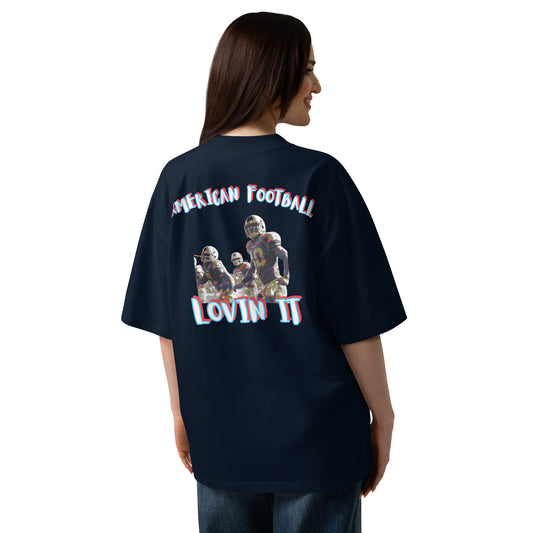 American Football oversized high neck t-shirt in French Navy – Rückenansicht mit 'American Football Lovin' It'-Print