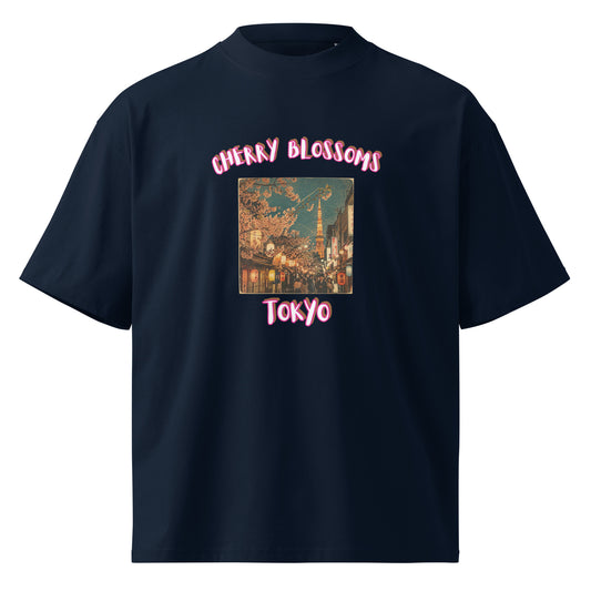French Navy oversized organic T-shirt with 'Cherry Blossoms Tokyo' front print