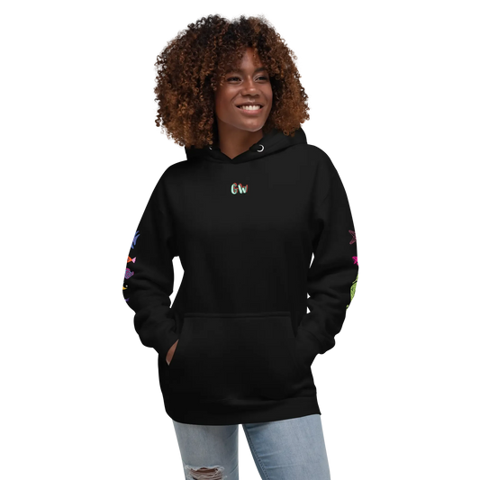 Black unisex scuba hoodie with front pocket, drawstring hood, and small chest logo