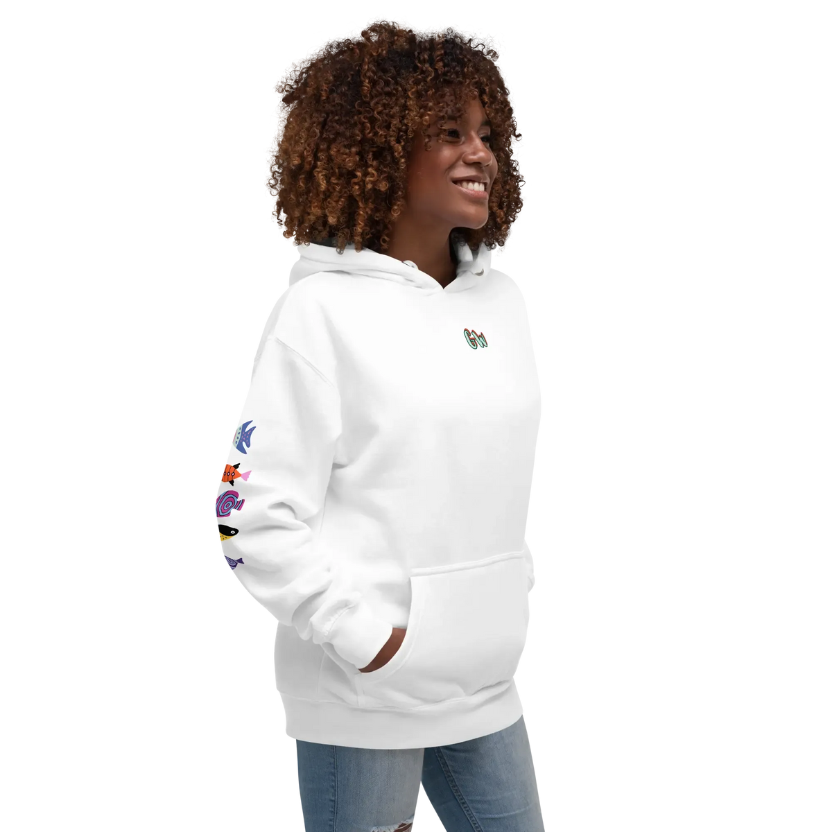 Unisex scuba hoodie, white, side view with colorful sleeve graphic and hood pocket