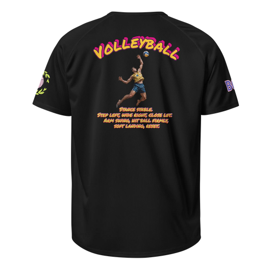 Unisex sports jersey, black, back graphic with dancer and yellow text