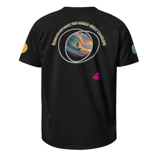 Black unisex sports jersey, back view with large circular surf graphic and chest logo