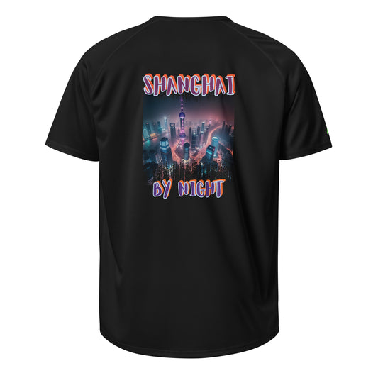 Black sports jersey, back print reading “SHANGHAI BY NIGHT”
