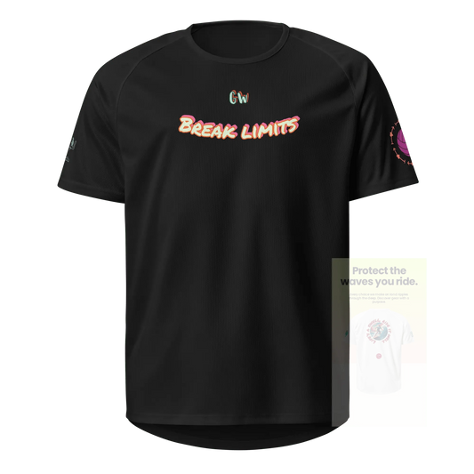 Black unisex sports jersey, front “Break limits” text with small logo