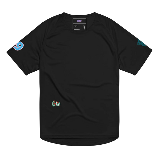 Unisex sports jersey schwarz, kleines Gw-Logo, bunte Sleeve-Icons