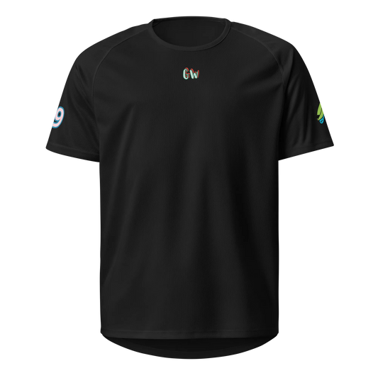 Black sports jersey with small Gw logo on chest and side sleeve marks
