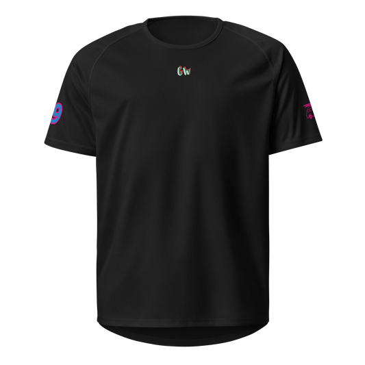 Black sports jersey, front view with small Gw logo and pink sleeve accents