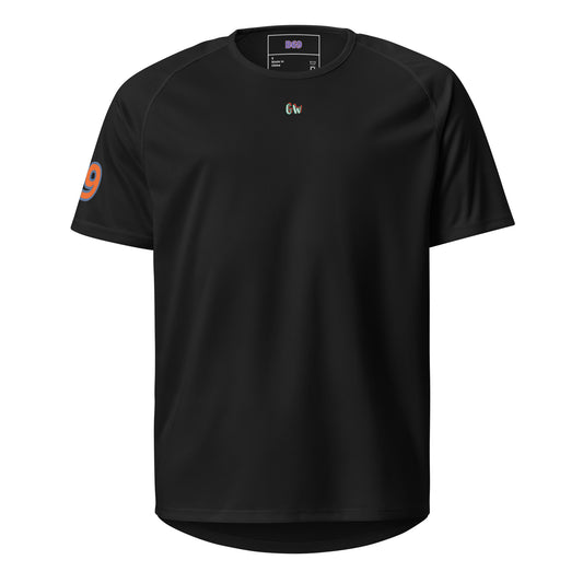 Sports jersey, black front with small “CW” logo and “9” sleeve patch