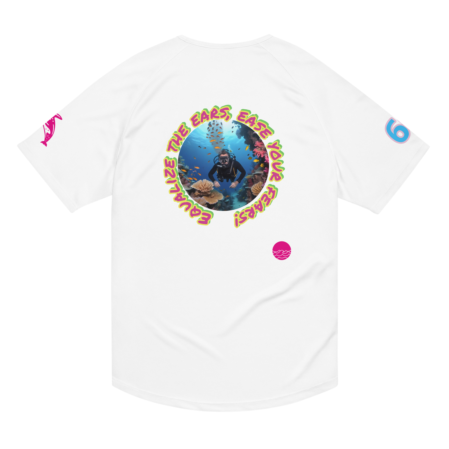 Scuba02 unisex sports jersey in white, back view with circular diving graphic