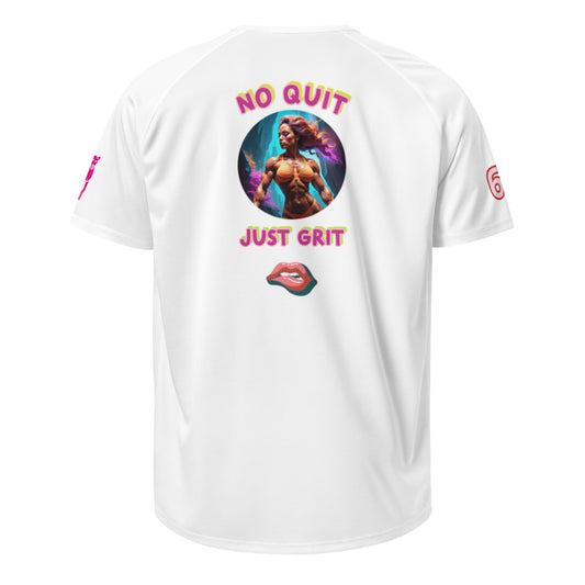 White unisex sports jersey T-shirt, back graphic "NO QUIT JUST GRIT".