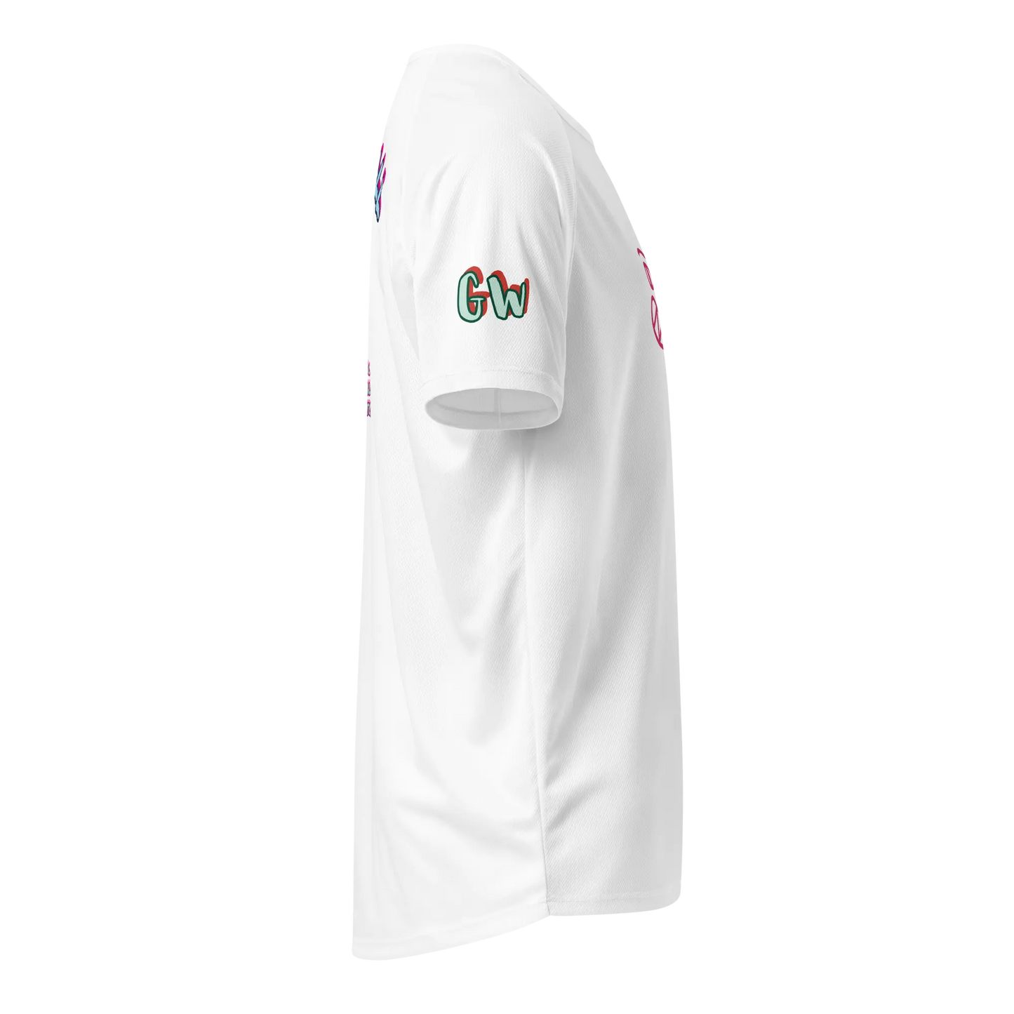 Unisex sports jersey, white sleeve side with colorful 'Gw' logo