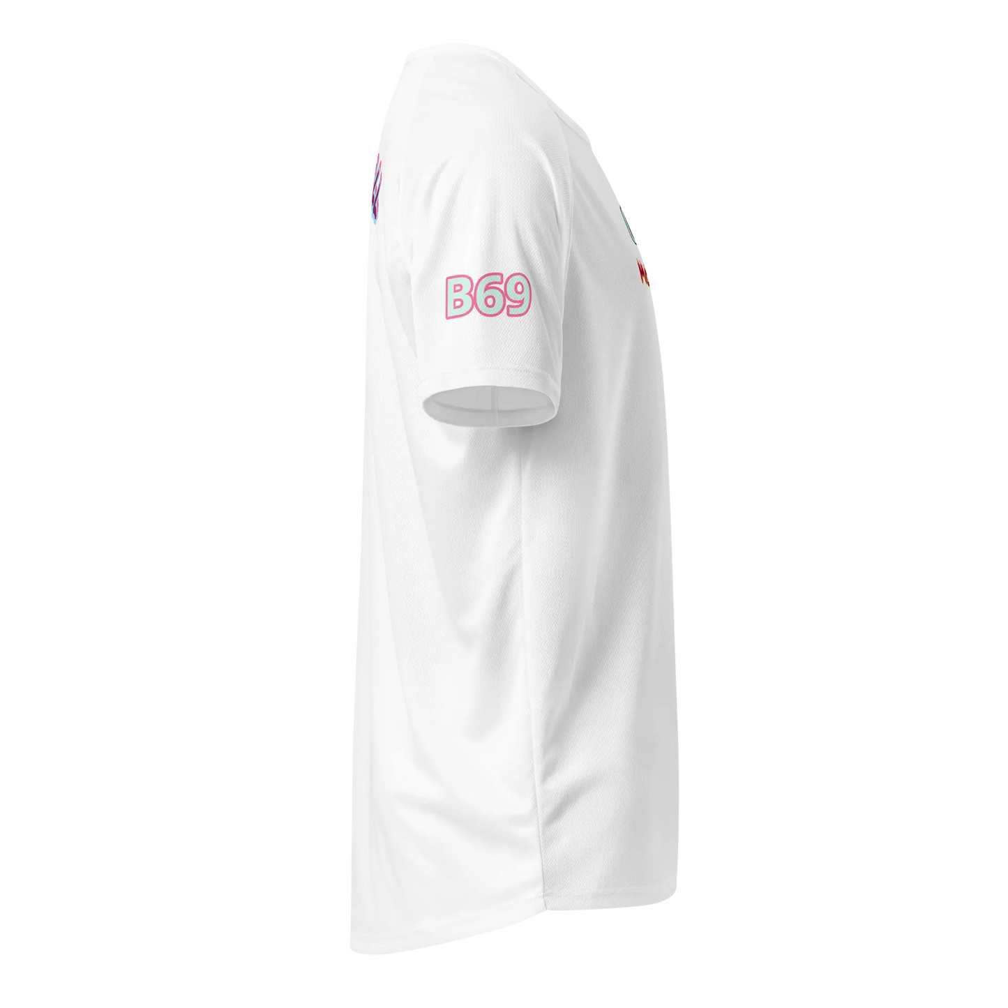 White unisex sports jersey sleeve with B69 patch