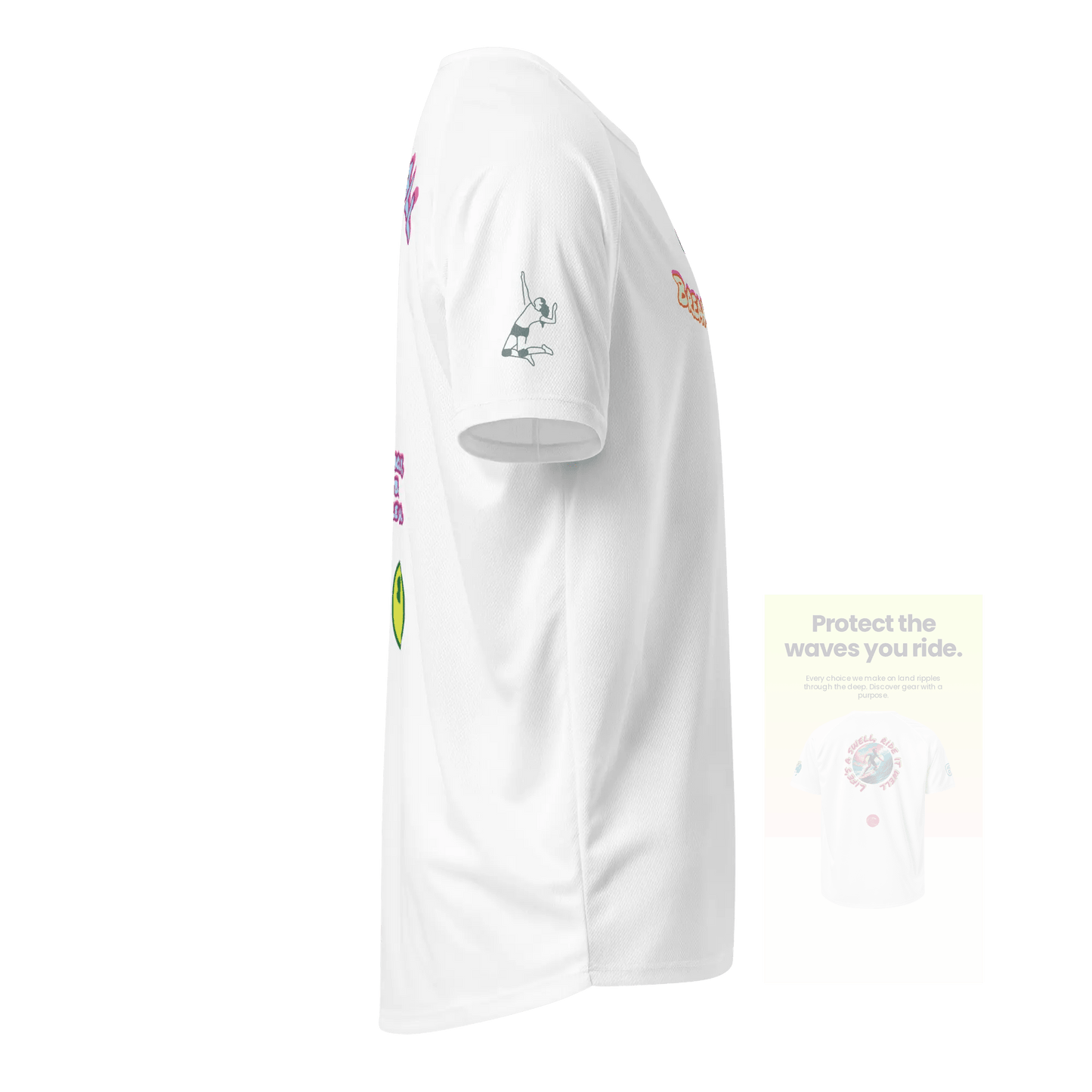 White unisex sports jersey, side view with athlete silhouette logo on sleeve