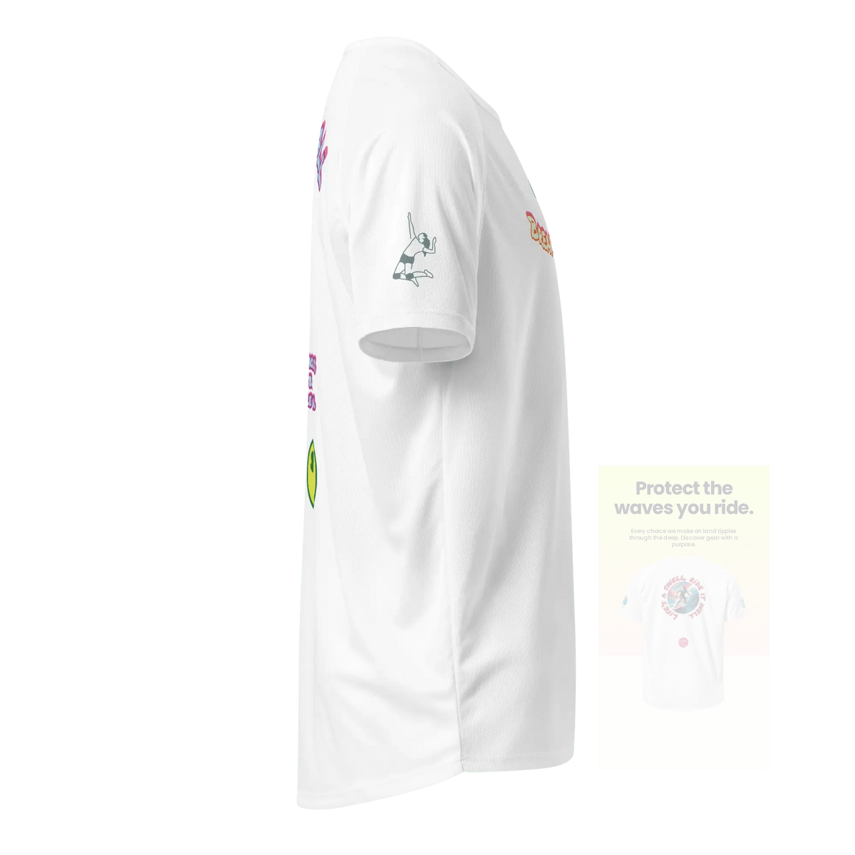 White unisex sports jersey, side view with athlete silhouette logo on sleeve