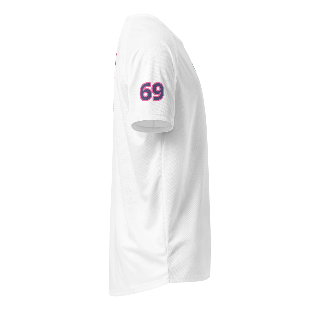 White sports jersey sleeve with number 69 logo, short sleeves