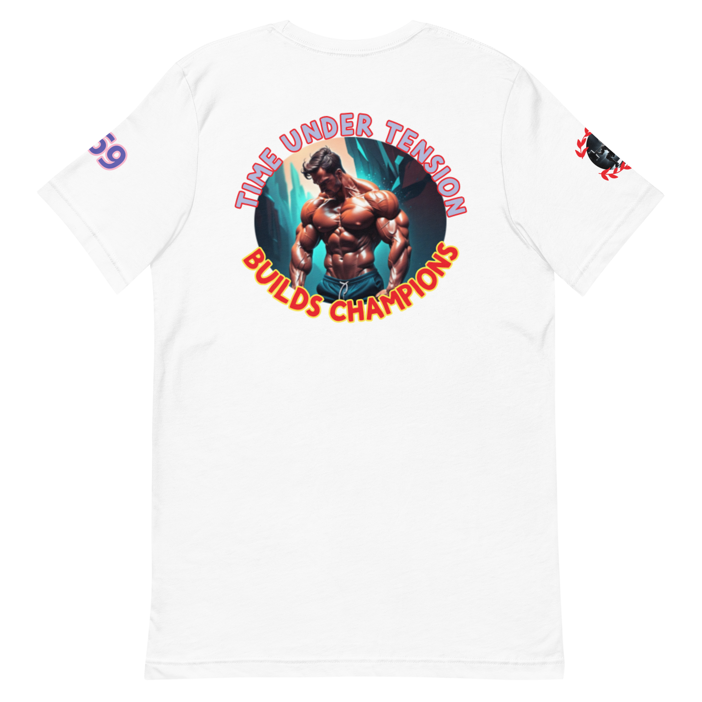 GymT Unisex T-Shirt, weiß, großer Rückenprint „Bulids Champions“