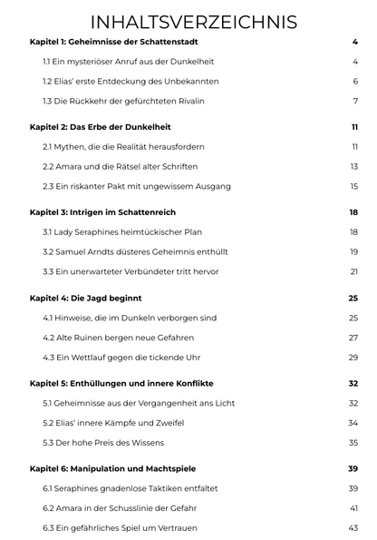 Inhaltsverzeichnis-Seite mit Kapiteln 1 bis 6, „Das Erbe der Dunkelheit“