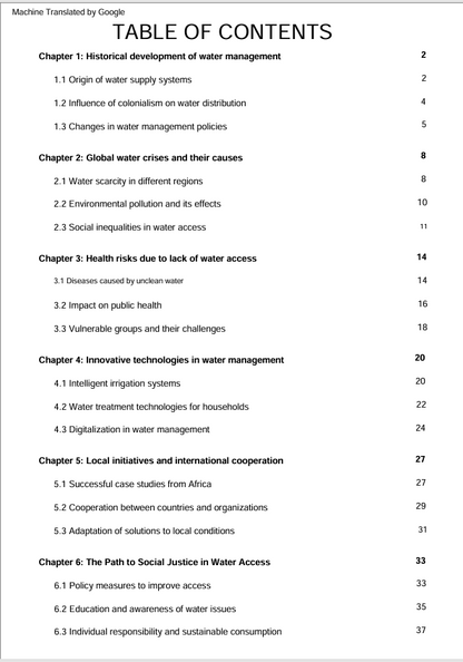 Access to clean water book table of contents with chapters and page numbers