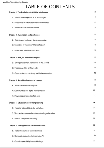 Table of contents page listing chapters on AI and job losses