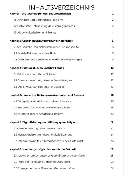 Inhaltsverzeichnis mit Kapiteln zu Grundlagen, Ursachen, Folgen, Bildungslücken und Zukunft