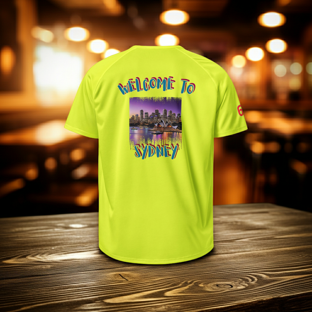 Neon yellow sports jersey with “Welcome To Sydney” graphic on back