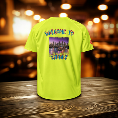 Neon yellow sports jersey with “Welcome To Sydney” graphic on back