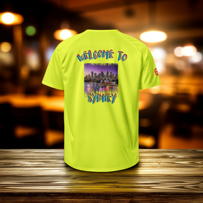 Neon yellow sports jersey back view with “Welcome To Sydney” print and sleeve detail
