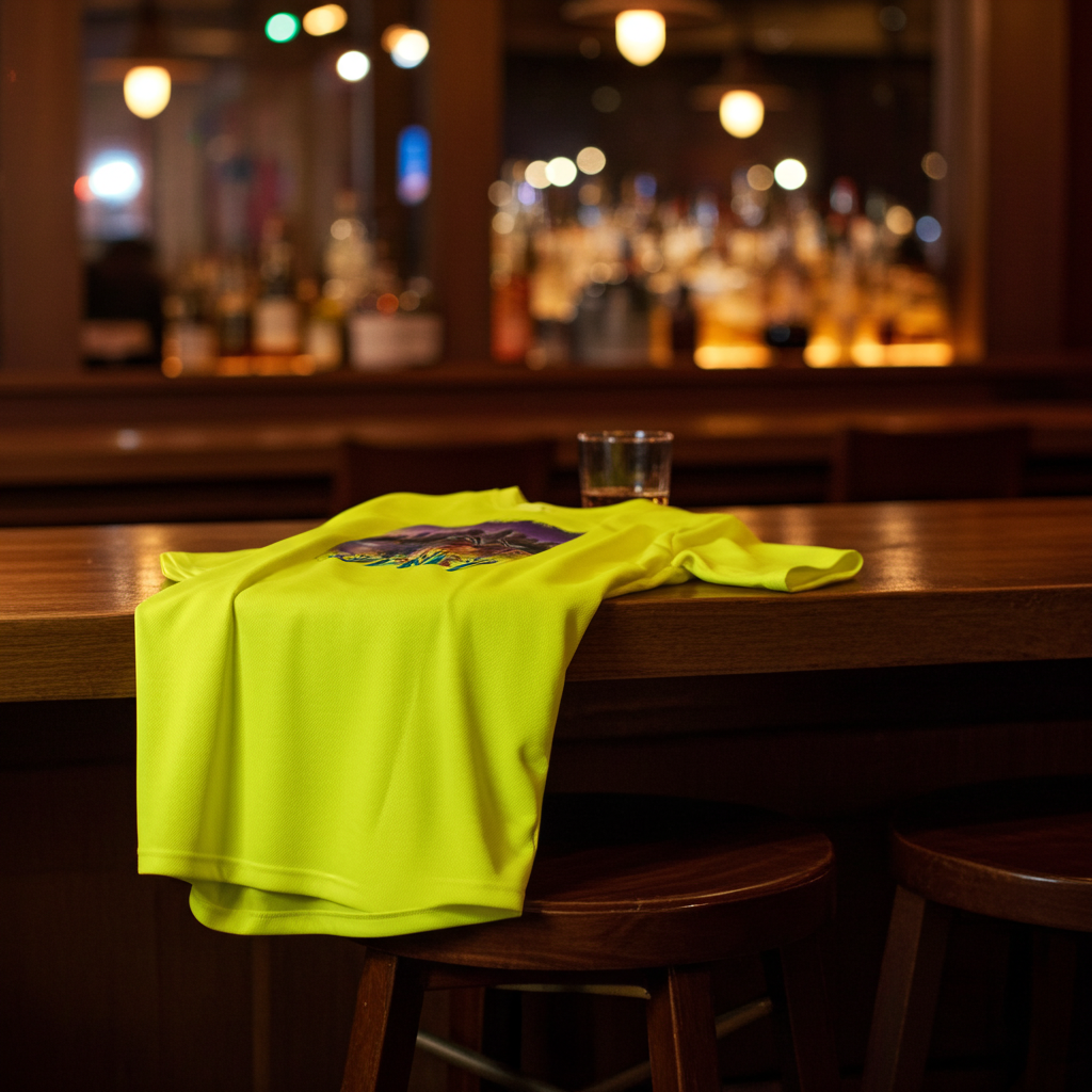 Neon yellow sports jersey folded on a table, with small “Sydney” front graphic