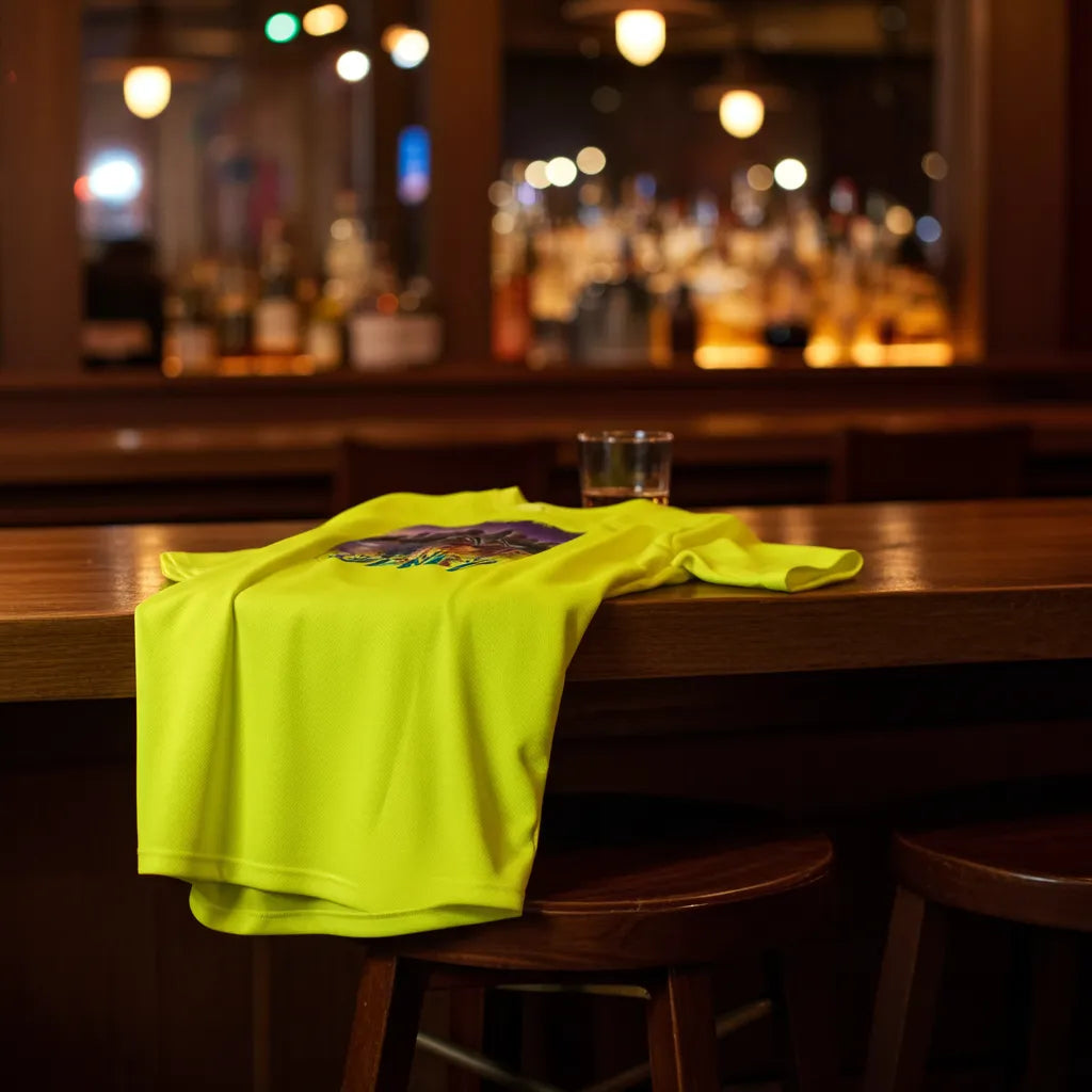 Neon yellow sports jersey folded on a table, with small “Sydney” front graphic