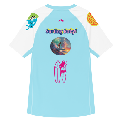 Light blue rash guard mit Allover-Print, weißem Ärmel und Surfen-Baby Grafik