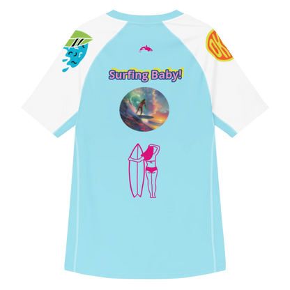 Light blue rash guard mit Allover-Print, weißem Ärmel und Surfen-Baby Grafik