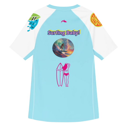 Light blue rash guard mit Allover-Print, weißem Ärmel und Surfen-Baby Grafik