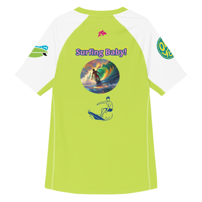 Surflegend Herren-Rashguard Allover-Print, limettengrün mit Surfing-Baby-Grafik und weißen Ärmeln