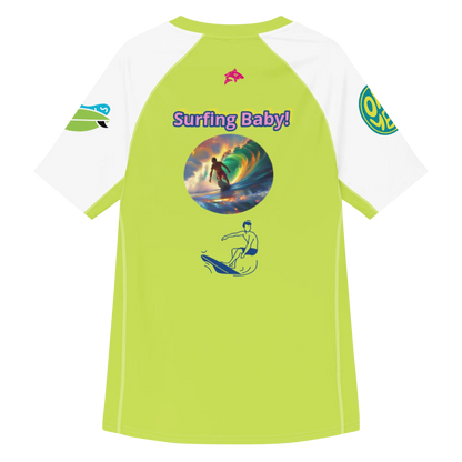 Surflegend Herren-Rashguard Allover-Print, limettengrün mit Surfing-Baby-Grafik und weißen Ärmeln