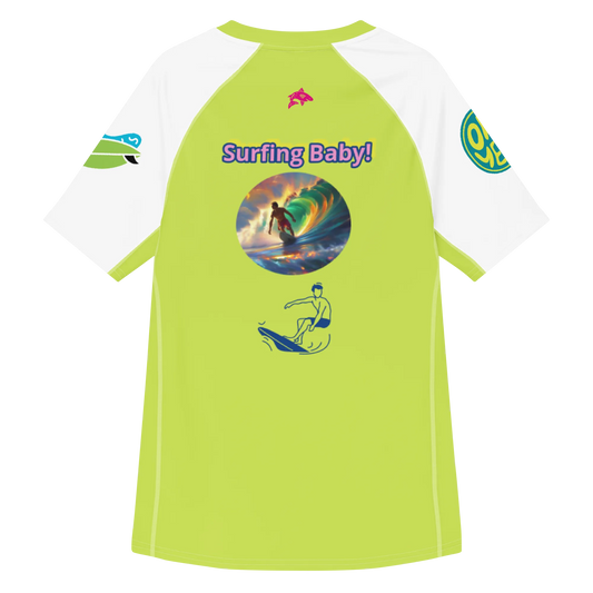 Surflegend Herren-Rashguard Allover-Print, limettengrün mit Surfing-Baby-Grafik und weißen Ärmeln