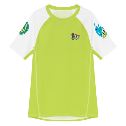 Herren-Rashguard limettengrün mit weißen Ärmeln, Rundhalsausschnitt und seitlichem Wellen-Print
