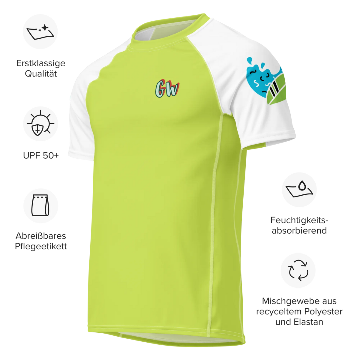 Georg Werner Herren-Rashguard, limettengrün, weiße Raglanärmel, kleiner GW-Logo-Print