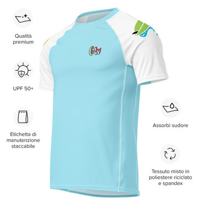 Light blue rash guard mit weißen Ärmeln, seitlichem Print und kleiner GvG-Grafik